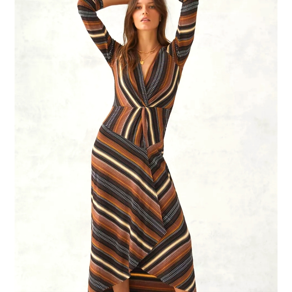 Anthropologie BOHO Maeve black Striped Wrap midi Maxi dress long sleeves size XS
